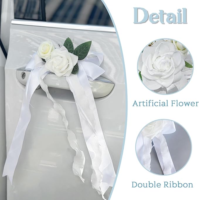 4PCS Wedding Car Door Handle Decorative Flowers, Just Married Automotive - Image 3