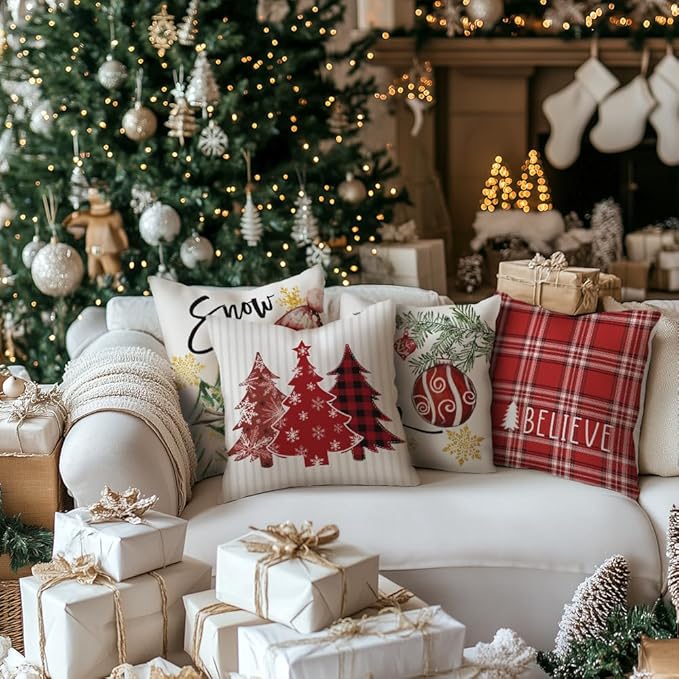GEEORY Winter Christmas Throw Pillow Covers 16 x 16 Inch Set of 4, Xmas Trees - Image 3