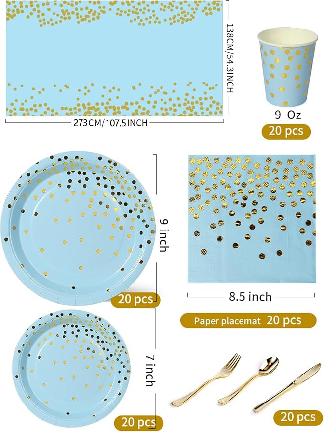 141 Pieces Light Blue and Gold Party Supplies, Party Dinnerware Sets Include - Image 3