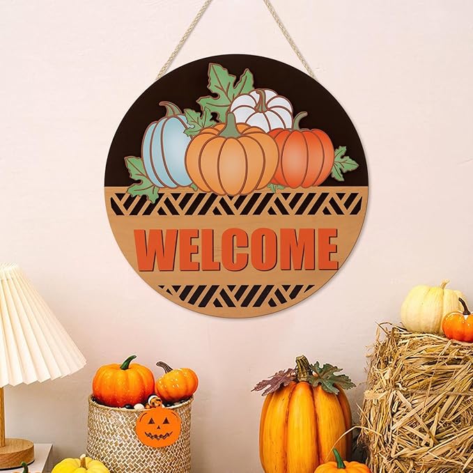 CHDITB Fall Pumpkin Welcome Front Door Sign Wreath, Wooden 3D Hello Fall Autumn - Image 5