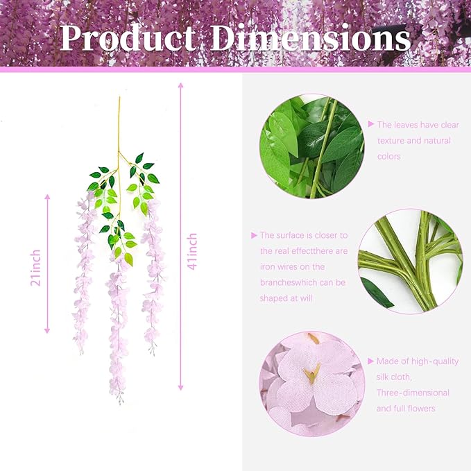 24 Pack Pink Wisteria Hanging Flowers, 3.4 Ft Fake Hanging Flowers, Artificial - Image 2
