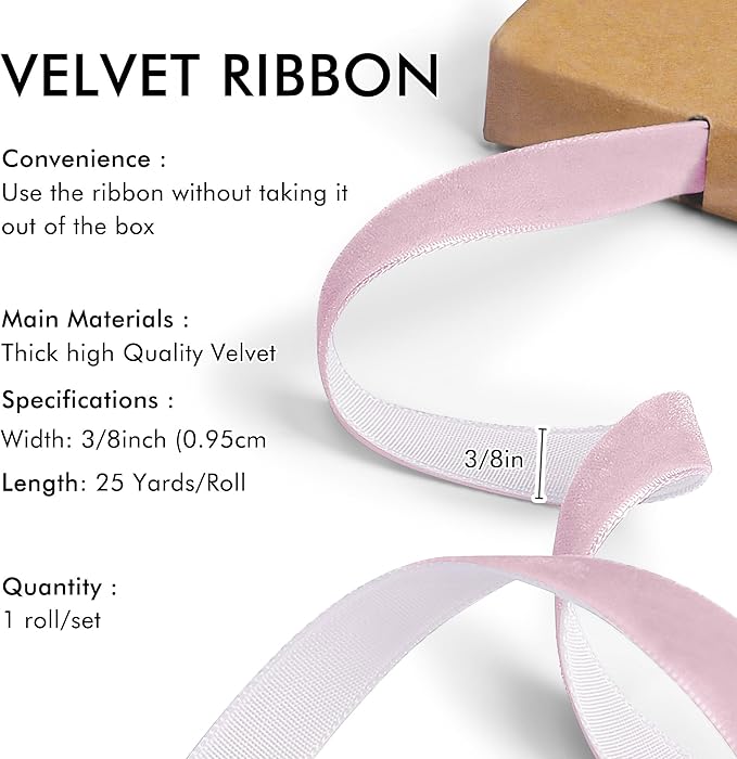 Pink Velvet Ribbon 3/8'' 25 Yards - Image 2