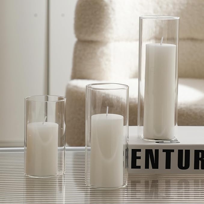 UDU Set of 12 White Pillar Candles and 12 Glass Cylinder Vases Hurricane Holders - Image 7