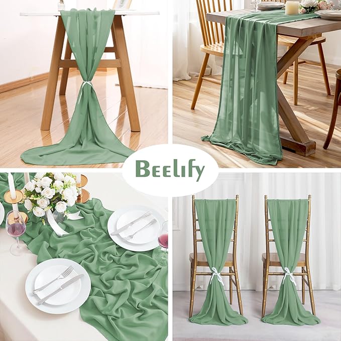 6 Pack 10 Ft Chiffon Table Runner Sage Green Gauze Long Table Runners 27x120 - Image 3