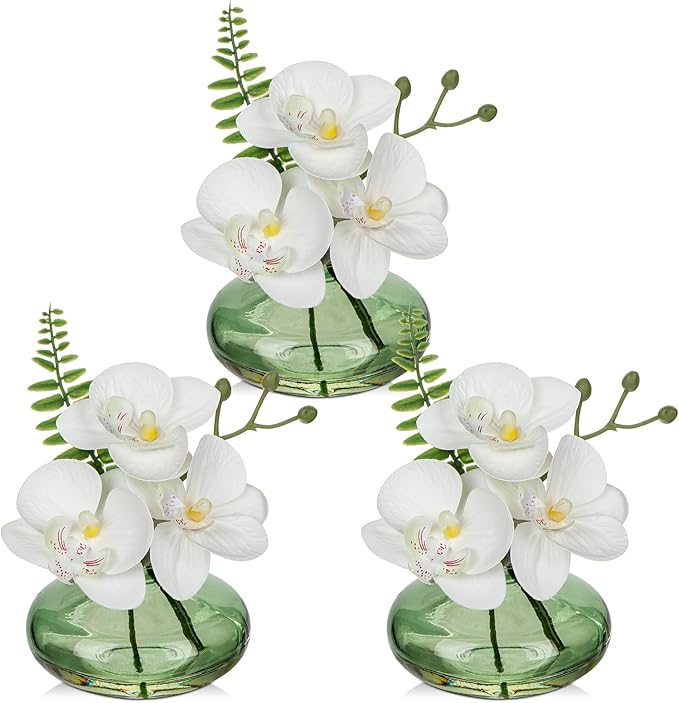 White Orchids Artificial Flowers Faux Orchids Arrangement in Light Green Glass by Oairse