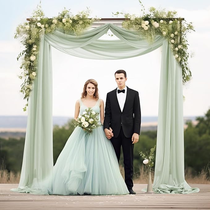 30" x 20Ft Wedding Arch Draping Fabric, 2 Panels Sage Green Sheer Curtain - Image 4