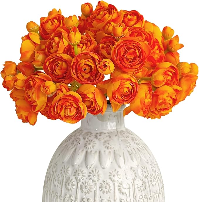 Letjolt Ranunculus Artificial Flower 18 Pcs Orange Silk Ranunculus Wedding by Letjolt