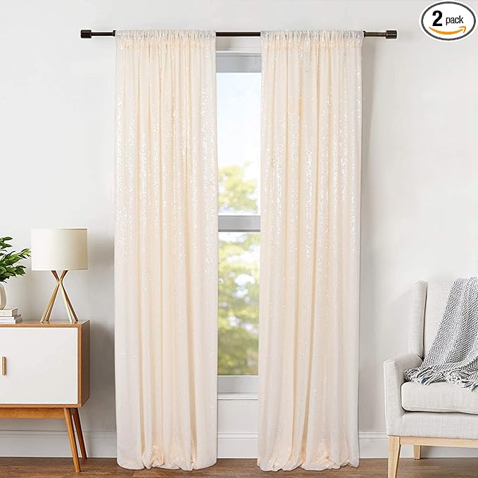 ShinyBeauty Sparkle Backdrop Curtain Ivory 2 Panels Set Sequin Photo Backdrop by ShinyBeauty
