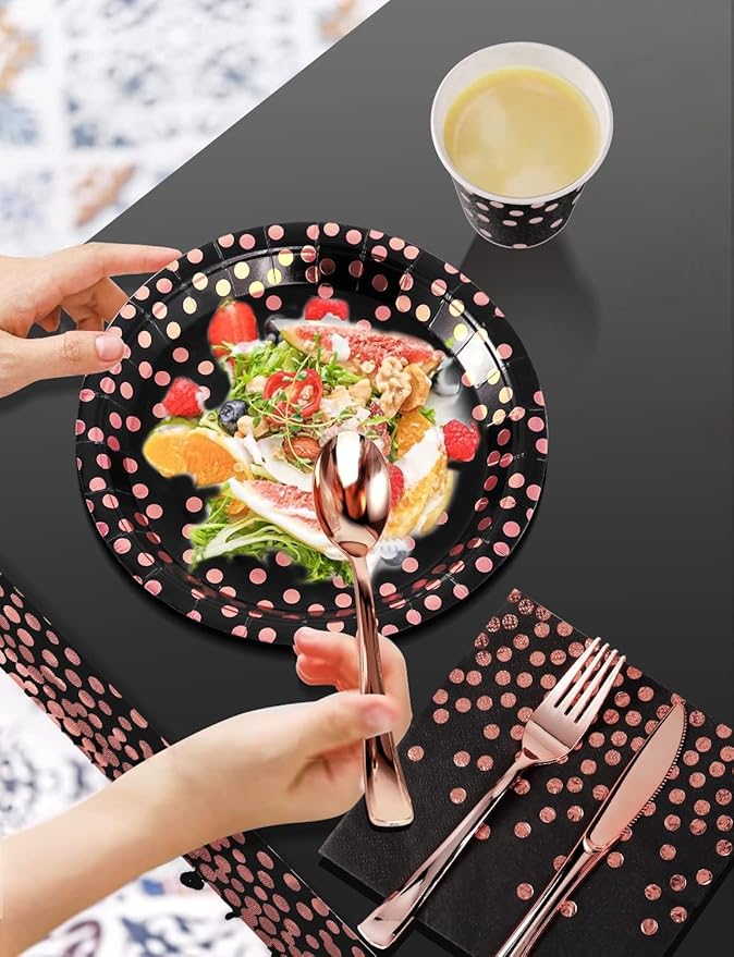 141 Pieces Black and Rose Gold Party Supplies, Party Dinnerware Sets Include - Image 5
