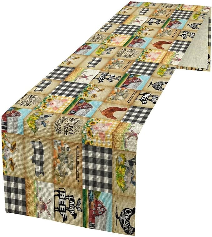 Farmhouse Animals Table Runner, Rustic Cabin Pig Chicken Cow Sunflowers by Kurtect