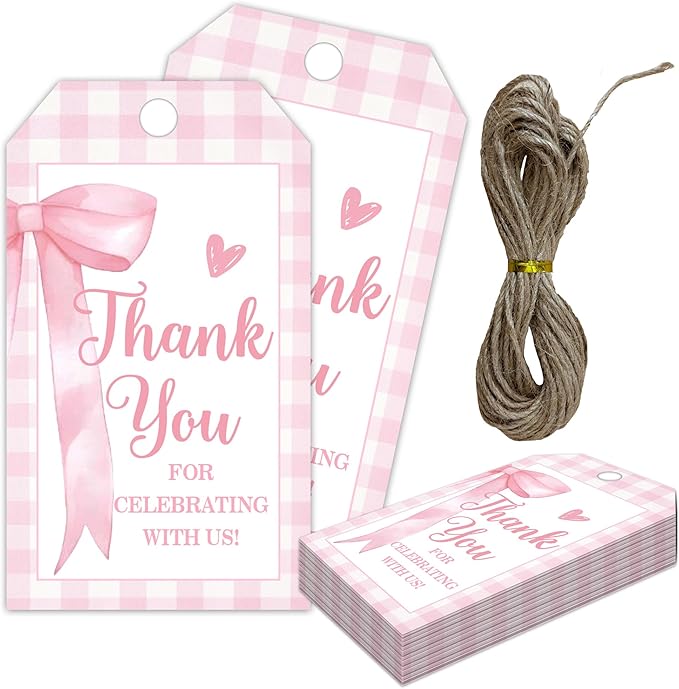 Pink Bow Gift Tags, Thank You for Celebrating by MXLINSW
