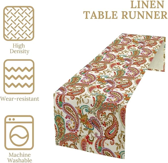 Colorful Paisley Table Runner, Boho Vintage Pink Red Teal Floral Leaves Print - Image 4