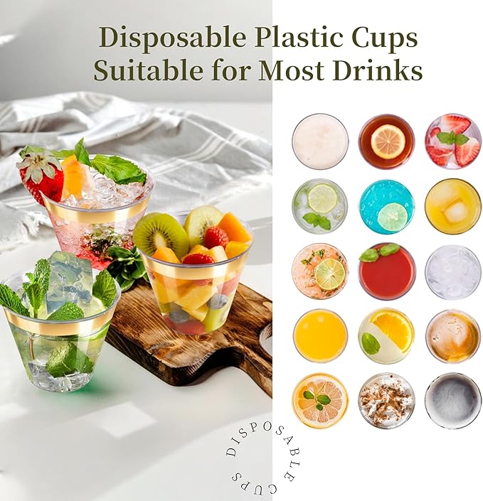 9oz Clear Plastic Cups with Gold Rimmed Sturdy & Food Safe Disposable Wine - Image 3