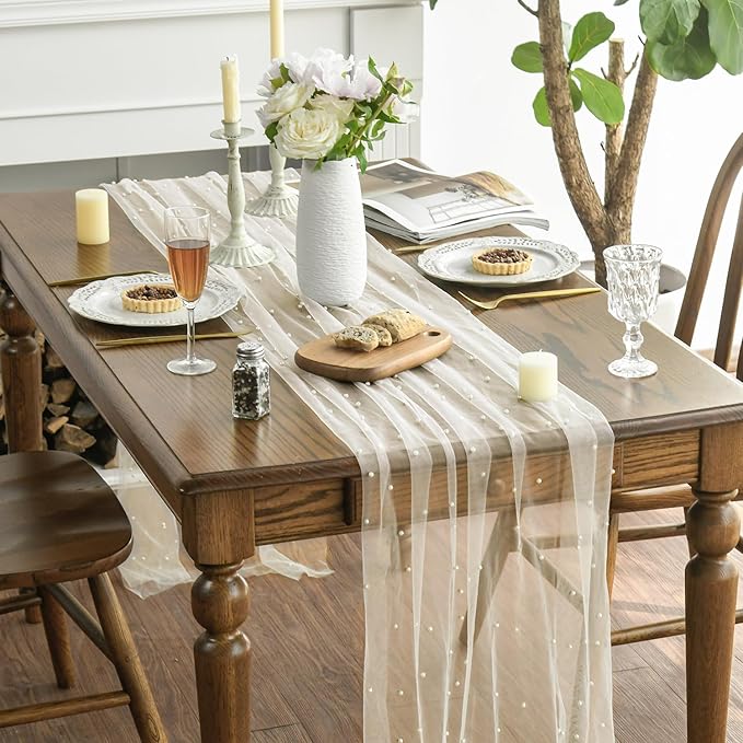 Artoid Mode 6PCS Pearl Beige Gauze Table Runner 120 Inch 10FT, Seasonal Sheer - Image 3