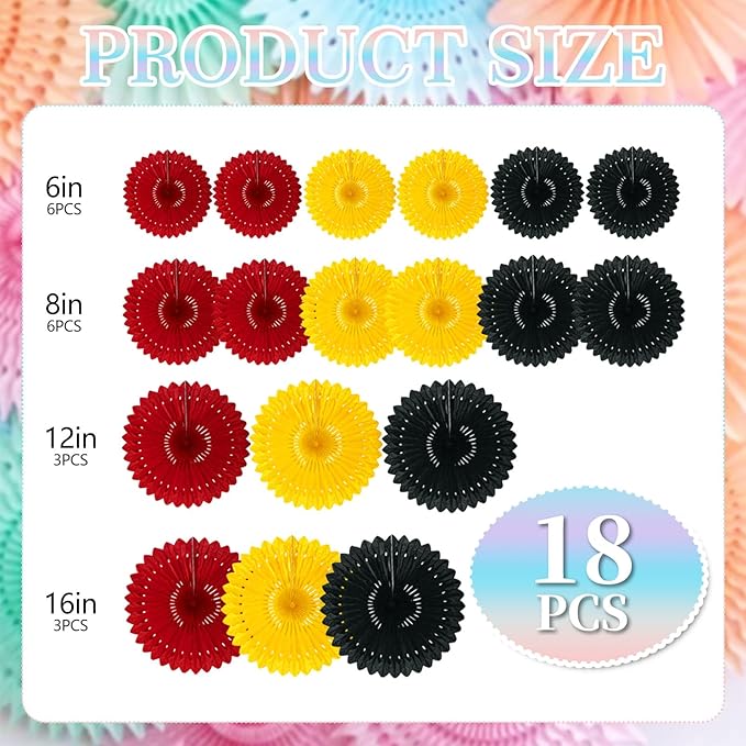 18 Pcs Black Red Yellow Hanging Honeycomb Paper Fans, Round Paper Fan - Image 2