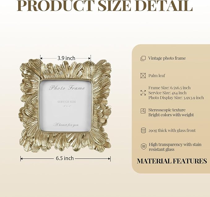 Cuspin Gold Picture Frames 4x4, Vintage Gold Resin Photo Frame Palm Leaves - Image 5