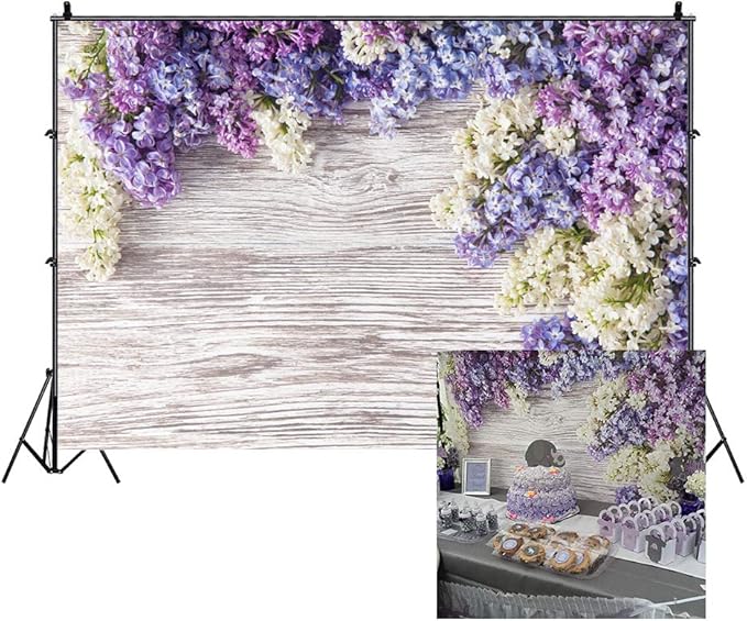 5x3ft Newborn Baby Wooden Plank Photography Backdrops Purple Lilac Flowers by Unknown