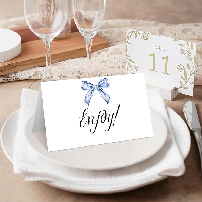 25 Blue Bow Place Cards for Table Seating, Watercolor Wedding Name Place Card - Image 4