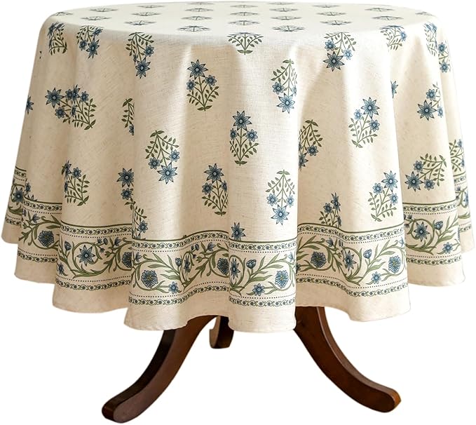 ISAENNE Designer White Linen Round Tablecloth, Chinoiserie Floral Elegant by Isaennehomedecoration