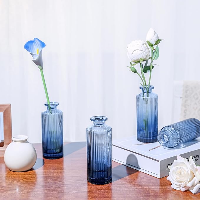 Navy Blue Glass Bud Vases Set of 12, Mini Ribbed Flower Vase - Image 8