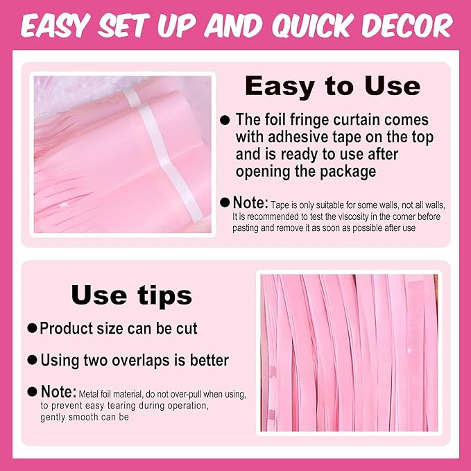 6 Pack Macaron Pink Foil Fringe Curtains Backdrop, 3.28 x 8.2 Ft Metallic - Image 3