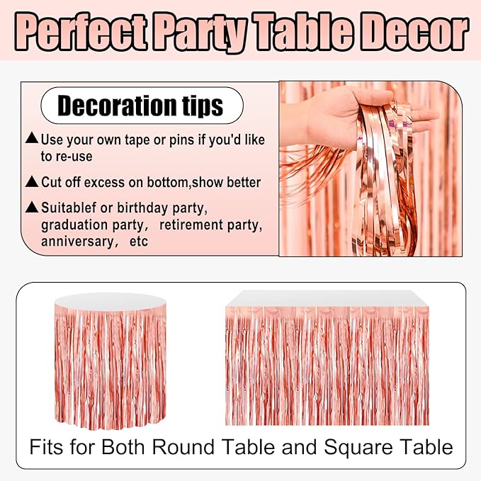 3 Pack 29x108 Inch Rose Gold Foil Fringe Table Skirts Metallic Banner - Image 3