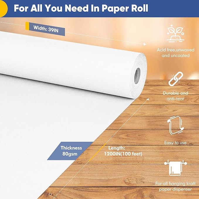 Vanhench White Wrapping Paper Roll 39"×1200", Bulletin Board Paper, Arts & - Image 2