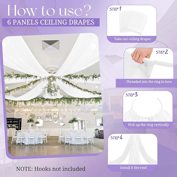 6 Panels White Ceiling Drapes for Wedding, 5ftx30ft Ceiling Drapes Cheesecloth - Image 9