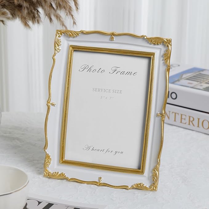 Cuspin Vintage Picture Frame 5x7 Gold Frames, Ornate White and Gold Textured - Image 2
