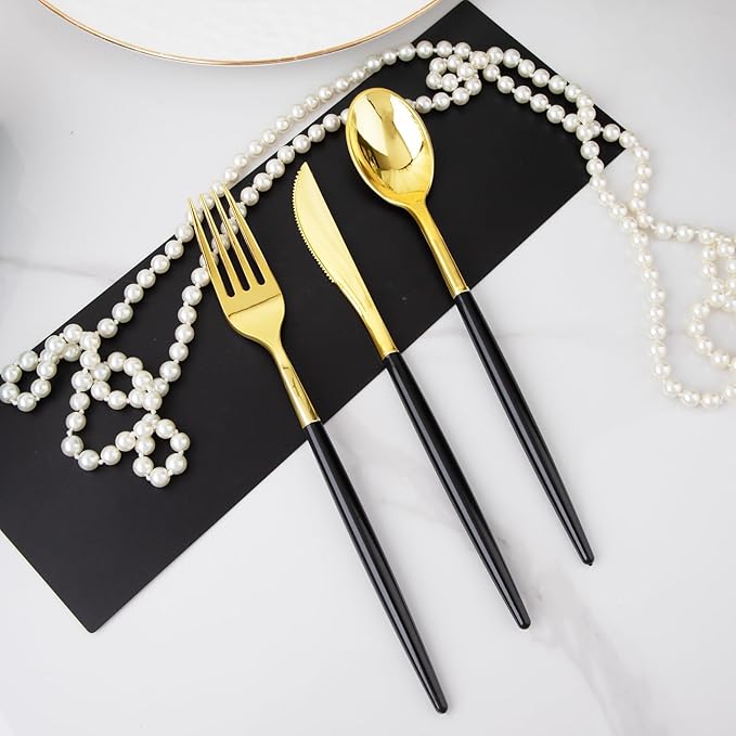 I00000 300Pcs Black Plastic Silverware, Happy New Year Gold Disposable - Image 3