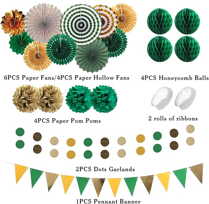 Green and Gold Party Decorations, Pom Poms Flowers, Garland String Polka Dot - Image 2