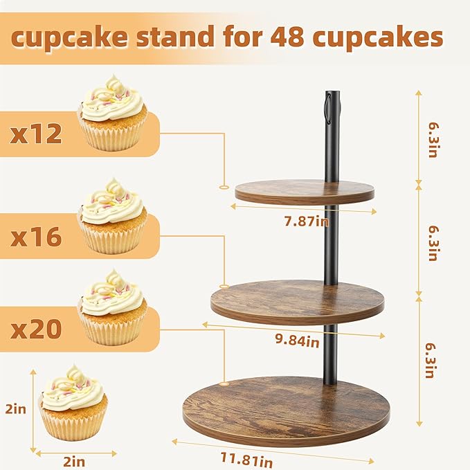 2 Packs Wooden Cupcake Stand, 3 Tier Large Cupcake Tower Stand 50 Cupcakes - Image 3