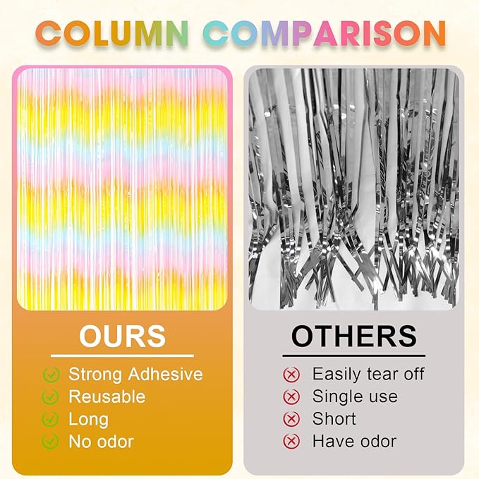2 Pack Pastel Rainbow Foil Fringe Backdrop Curtains, Tinsel Streamers Birthday - Image 4