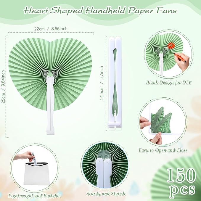 Unittype 150 Packs Wedding Paper Fans Heart Shaped Folding Handheld Fans - Image 2