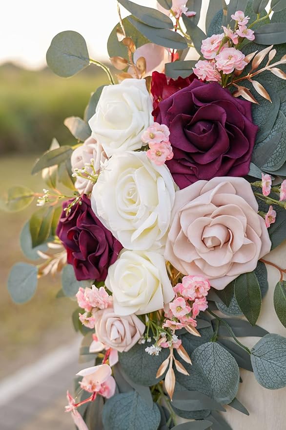 Ponatia Wedding Arch Flowers, Artificial Burgundy & Nude & Ivory Wedding Flowers - Image 7