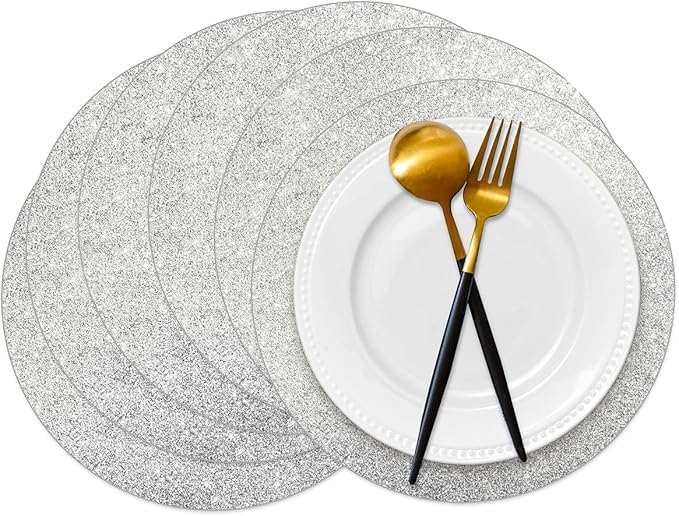 50 Pieces Silver Glitter Paper Place Mats Sparkle Round Disposable Table Mats by Datyiiha