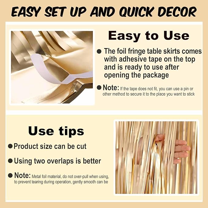 3 Pack 29 x108 Inch Champagne Gold Foil Fringe Table Skirts Metallic Banner - Image 2