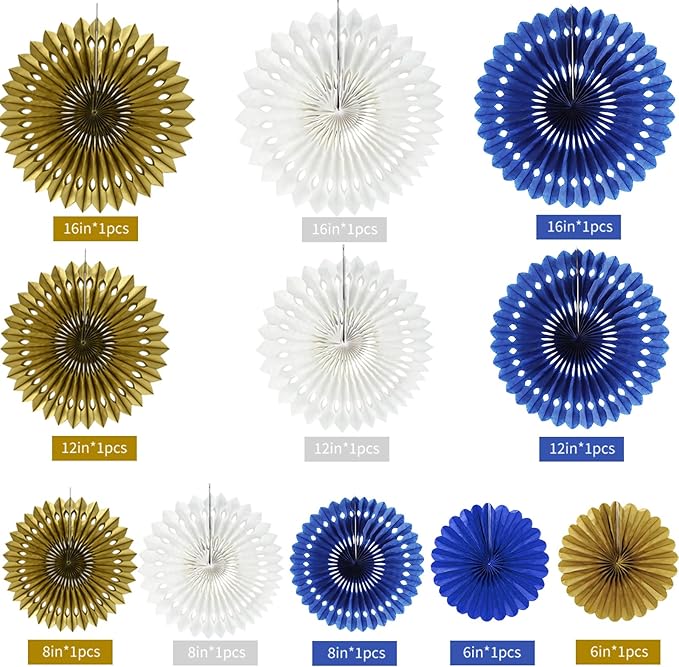 BEISHIDA Blue Gold White Hanging Honeycomb Round Paper Fans Decoration Set - Image 2