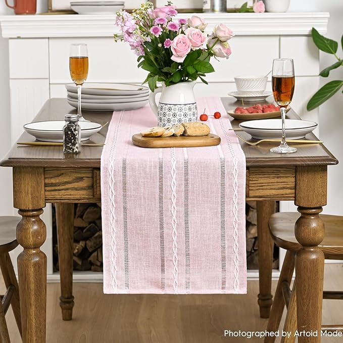 Artoid Mode Pink Rustic Cotton Linen Table Runner, Seasonal Embroidered Hollow - Image 2