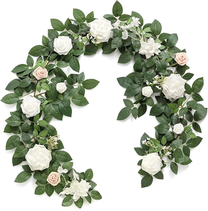 Ling's moment 5FT White Artificial Flower Garland Fake Rose Green Leaves Floral by LingsMoment