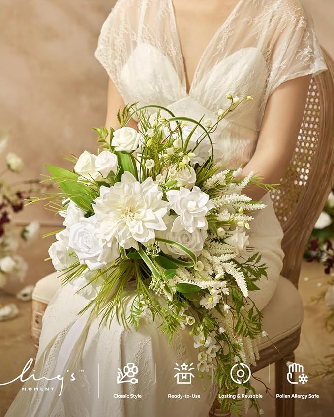 Ling's moment White Green Bridal Bouquet - Image 2