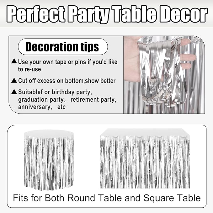 3 Pack 29x108 Inch Silver Foil Fringe Table Skirts Metallic Banner - Image 3