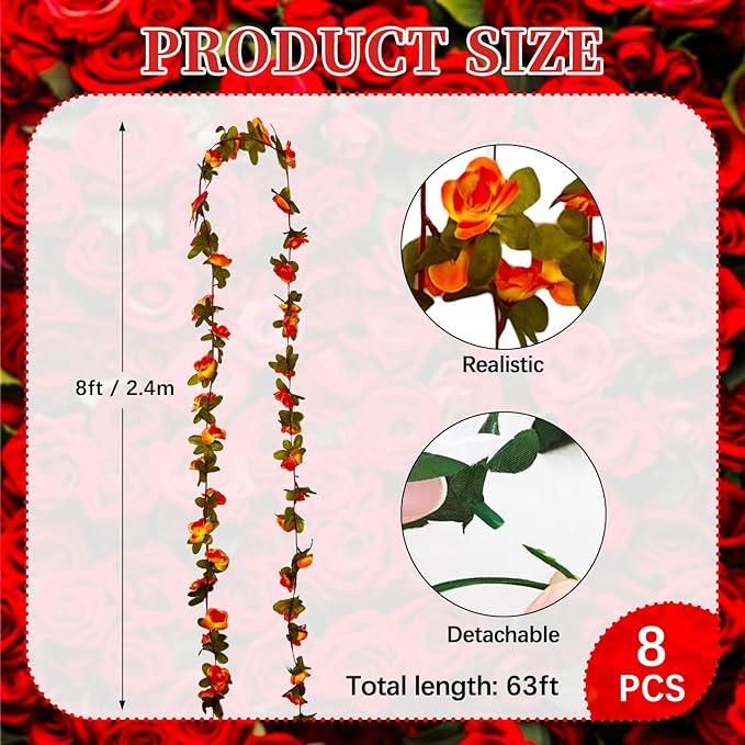 8Pcs 63Ft Orange Rose Garland, Fake Rose Hanging Flowers, Artificial Flower Vine - Image 2