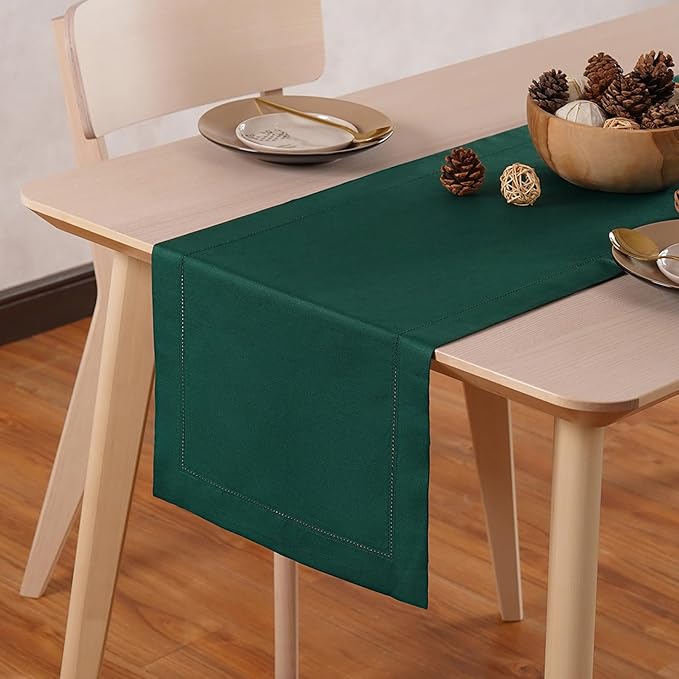 Green Table Runner 36 Inch – Cotton Linen Hemstitch Farmhouse Table Runner by HomeEkaa