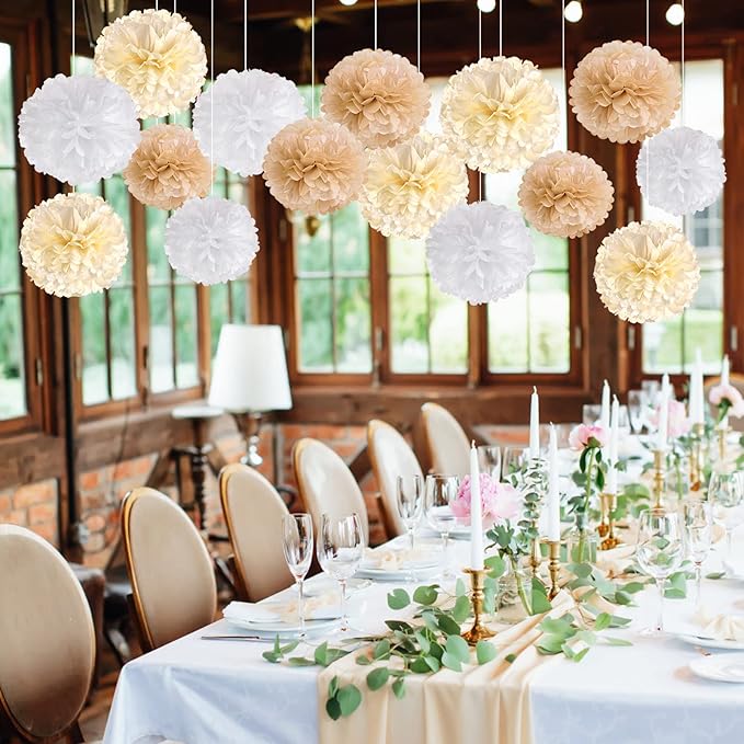 SUNBEAUTY 15 PCS Boho Champagne Pom Poms Tissue Paper Flowers, Wall Hanging - Image 9