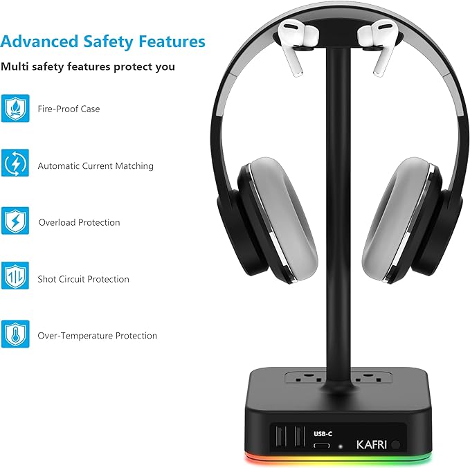KAFRI RGB Headphone Stand with USB A&C Charger Desk Gaming Headset Holder - Image 6