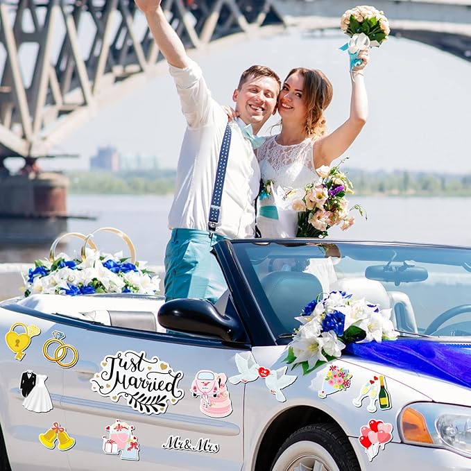 16 Pcs Just Married Car Decorations Include 14 Assorted Ornate Car Magnets Just - Image 3