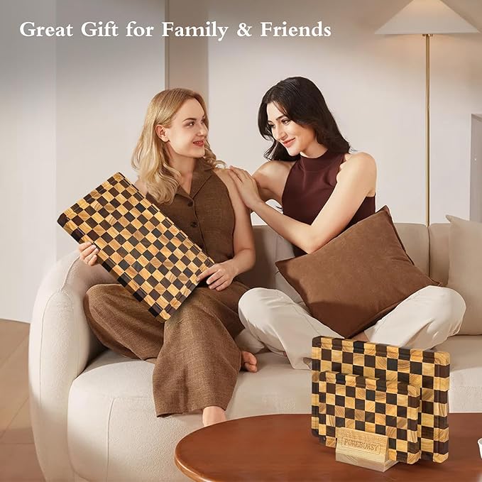 Checkered Cutting Boards for Kitchen, Wood Cutting Board Sets, Walnut Rubber & - Image 7
