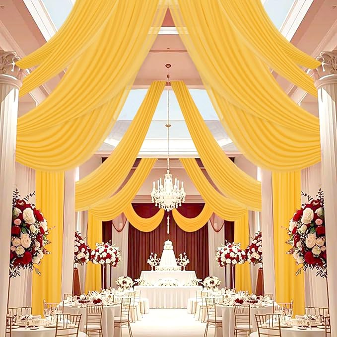 DUOBAO Chiffon Ceiling Drapes 20FT 6 Panels Gold Sheer Wedding Backdrop Curtains by DUOBAO