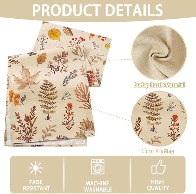 Grey Wildflower Leaves Floral Fall Table Runner, Seasonal Autumn Harvest - Image 2